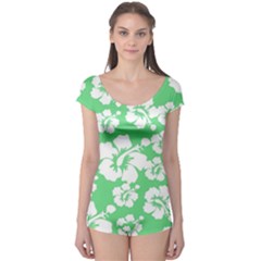 Hibiscus Flowers Green White Hawaiian Boyleg Leotard  by Mariart