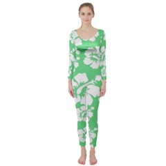 Hibiscus Flowers Green White Hawaiian Long Sleeve Catsuit by Mariart