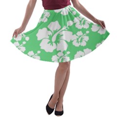 Hibiscus Flowers Green White Hawaiian A-line Skater Skirt by Mariart