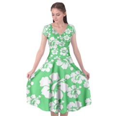 Hibiscus Flowers Green White Hawaiian Cap Sleeve Wrap Front Dress