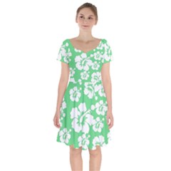 Hibiscus Flowers Green White Hawaiian Short Sleeve Bardot Dress by Mariart