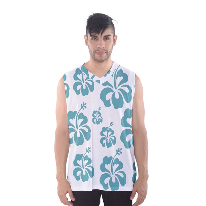 Hibiscus Flowers Green White Hawaiian Blue Men s Basketball Tank Top