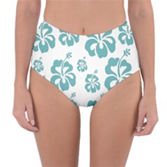 Hibiscus Flowers Green White Hawaiian Blue Reversible High-waist Bikini Bottoms