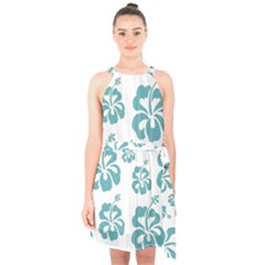 Hibiscus Flowers Green White Hawaiian Blue Halter Collar Waist Tie Chiffon Dress