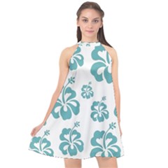 Hibiscus Flowers Green White Hawaiian Blue Halter Neckline Chiffon Dress 