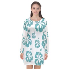 Hibiscus Flowers Green White Hawaiian Blue Long Sleeve Chiffon Shift Dress 