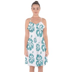 Hibiscus Flowers Green White Hawaiian Blue Ruffle Detail Chiffon Dress