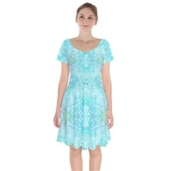 Green Tie Dye Kaleidoscope Opaque Color Short Sleeve Bardot Dress