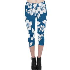 Hibiscus Flowers Seamless Blue White Hawaiian Capri Leggings 