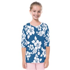 Hibiscus Flowers Seamless Blue White Hawaiian Kids  Quarter Sleeve Raglan Tee