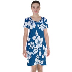 Hibiscus Flowers Seamless Blue White Hawaiian Short Sleeve Nightdress by Mariart