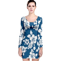 Hibiscus Flowers Seamless Blue White Hawaiian Long Sleeve Velvet Bodycon Dress