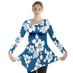 Hibiscus Flowers Seamless Blue White Hawaiian Long Sleeve Tunic  by Mariart