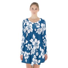 Hibiscus Flowers Seamless Blue White Hawaiian Long Sleeve Velvet V-neck Dress by Mariart