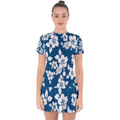 Hibiscus Flowers Seamless Blue White Hawaiian Drop Hem Mini Chiffon Dress by Mariart