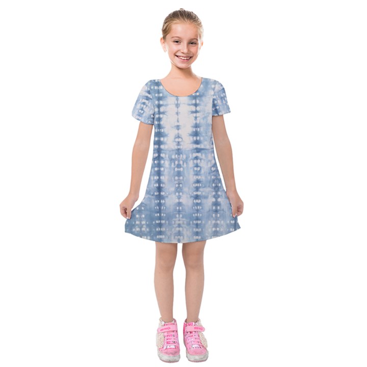 Indigo Grey Tie Dye Kaleidoscope Opaque Color Kids  Short Sleeve Velvet Dress