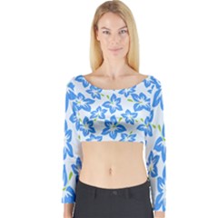 Hibiscus Flowers Seamless Blue Long Sleeve Crop Top by Mariart