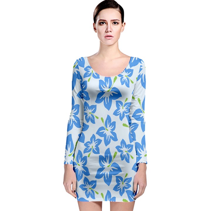 Hibiscus Flowers Seamless Blue Long Sleeve Bodycon Dress