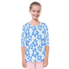 Hibiscus Flowers Seamless Blue Kids  Quarter Sleeve Raglan Tee