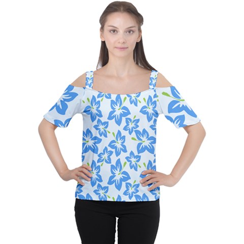 Hibiscus Flowers Seamless Blue Women s Cutout Shoulder Tee by Mariart