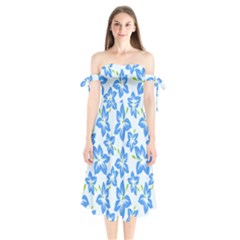 Hibiscus Flowers Seamless Blue Shoulder Tie Bardot Midi Dress