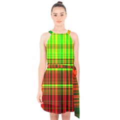 Line Light Neon Red Green Halter Collar Waist Tie Chiffon Dress