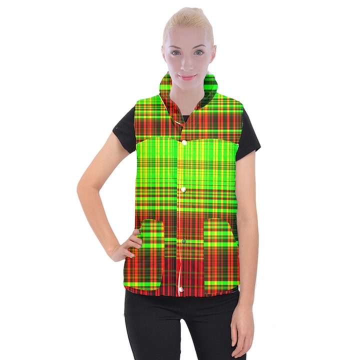 Line Light Neon Red Green Women s Button Up Puffer Vest