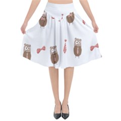 Insulated Owl Tie Bow Scattered Bird Flared Midi Skirt