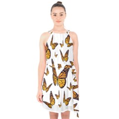 Butterfly Spoonflower Halter Collar Waist Tie Chiffon Dress