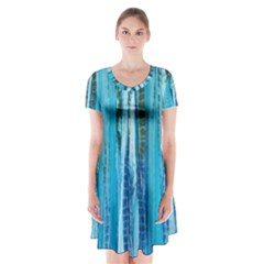 Line Tie Dye Green Kaleidoscope Opaque Color Short Sleeve V-neck Flare Dress