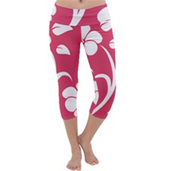 Pink Hawaiian Flower White Capri Yoga Leggings