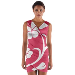 Pink Hawaiian Flower White Wrap Front Bodycon Dress