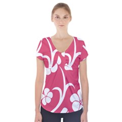 Pink Hawaiian Flower White Short Sleeve Front Detail Top by Mariart