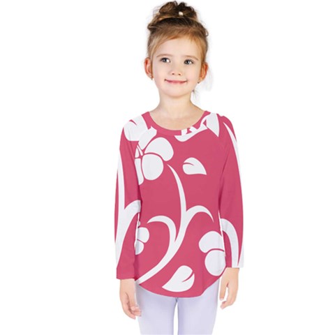 Pink Hawaiian Flower White Kids  Long Sleeve Tee by Mariart