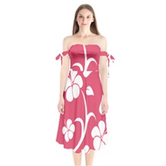 Pink Hawaiian Flower White Shoulder Tie Bardot Midi Dress