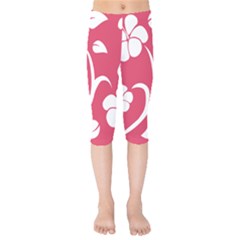 Pink Hawaiian Flower White Kids  Capri Leggings 