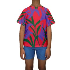 Purple Flower Red Background Kids  Short Sleeve Swimwear