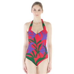 Purple Flower Red Background Halter Swimsuit by Mariart