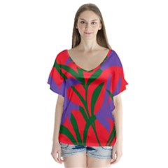 Purple Flower Red Background Flutter Sleeve Top by Mariart