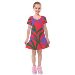 Purple Flower Red Background Kids  Short Sleeve Velvet Dress by Mariart