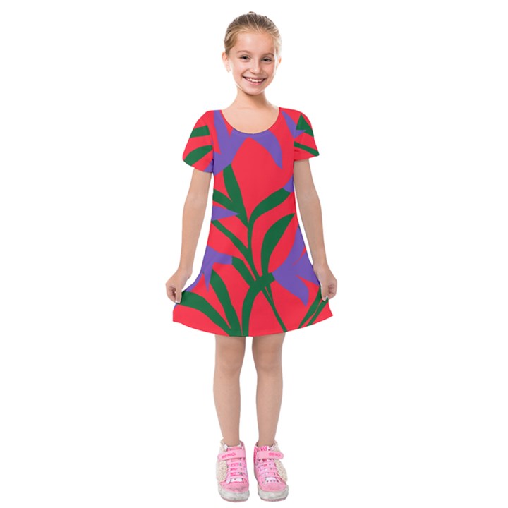 Purple Flower Red Background Kids  Short Sleeve Velvet Dress