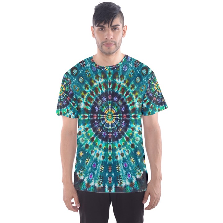 Peacock Throne Flower Green Tie Dye Kaleidoscope Opaque Color Men s Sports Mesh Tee