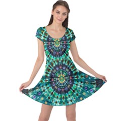 Peacock Throne Flower Green Tie Dye Kaleidoscope Opaque Color Cap Sleeve Dresses by Mariart