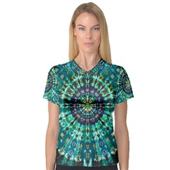 Peacock Throne Flower Green Tie Dye Kaleidoscope Opaque Color Women s V-neck Sport Mesh Tee