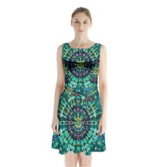 Peacock Throne Flower Green Tie Dye Kaleidoscope Opaque Color Sleeveless Waist Tie Chiffon Dress by Mariart