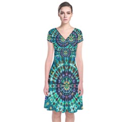 Peacock Throne Flower Green Tie Dye Kaleidoscope Opaque Color Short Sleeve Front Wrap Dress by Mariart