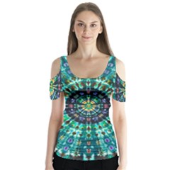 Peacock Throne Flower Green Tie Dye Kaleidoscope Opaque Color Butterfly Sleeve Cutout Tee 