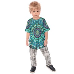 Peacock Throne Flower Green Tie Dye Kaleidoscope Opaque Color Kids Raglan Tee