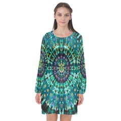 Peacock Throne Flower Green Tie Dye Kaleidoscope Opaque Color Long Sleeve Chiffon Shift Dress  by Mariart