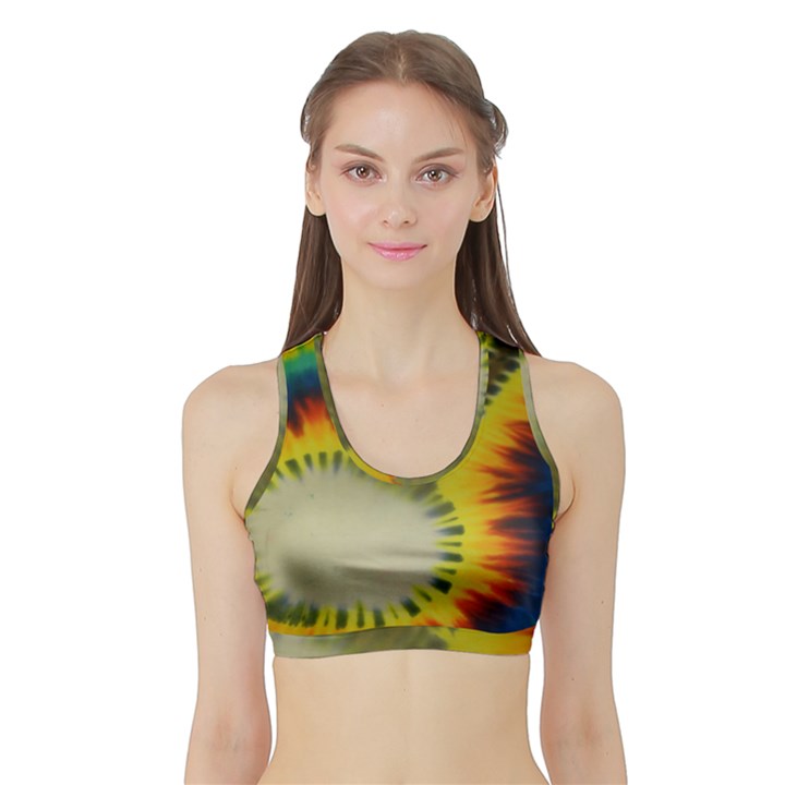 Red Blue Yellow Green Medium Rainbow Tie Dye Kaleidoscope Opaque Color Sports Bra with Border